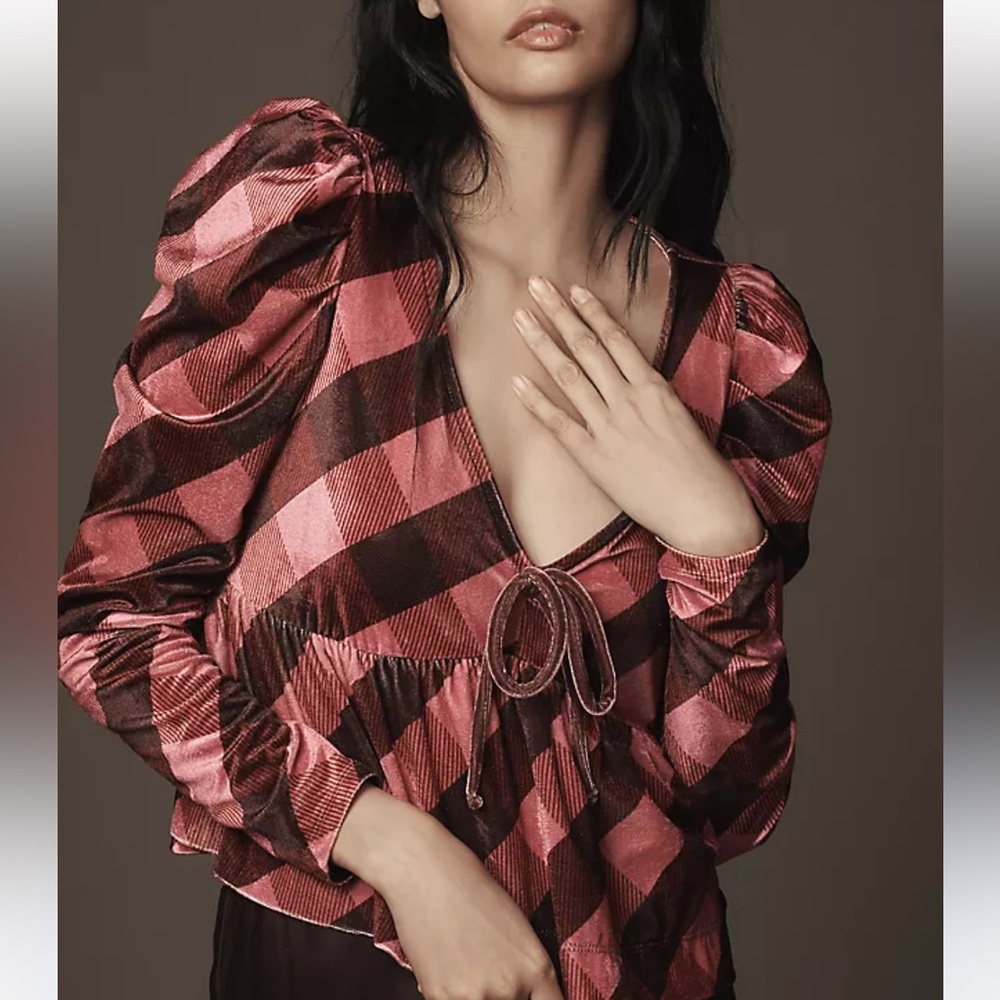 NWT Maeve Anthropologie velvet Pink and Brown Checkered peplum Top small new